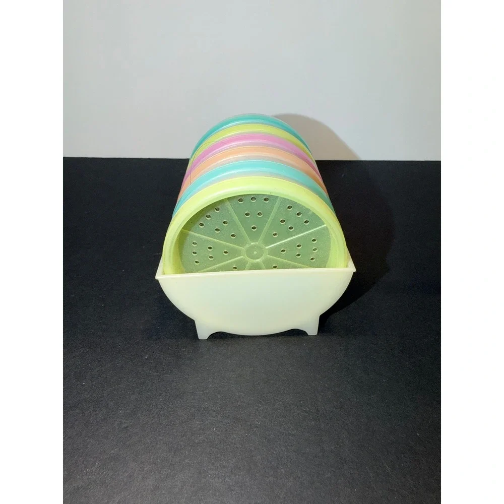 6 Vintage Tupperware Pastel Wagon Wheel Coaster Caddy Round Plastic USA Made